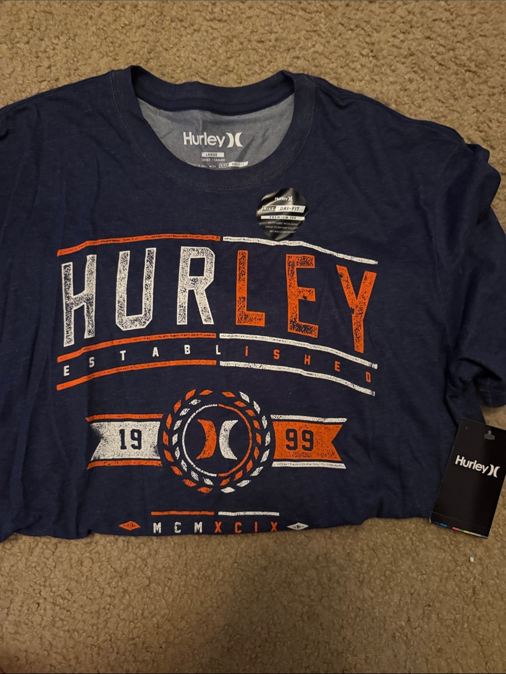 Hurley Navy Short-Sleeve Graphic Logo Tee with Orange & White Print
